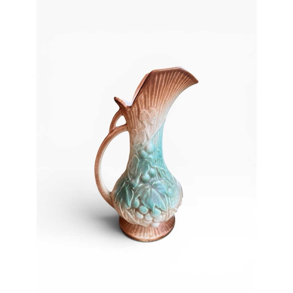 Vintage McCoy Pottery Grape Leaf Ewer Vase Pitcher Matte Green Brown 9" Raised
